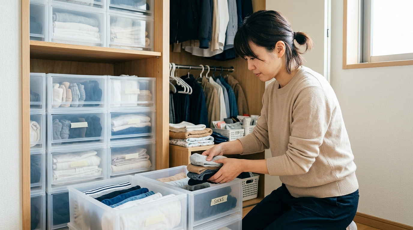 クローゼットや棚で収納用品を使って整理整頓をしている手元の様子
