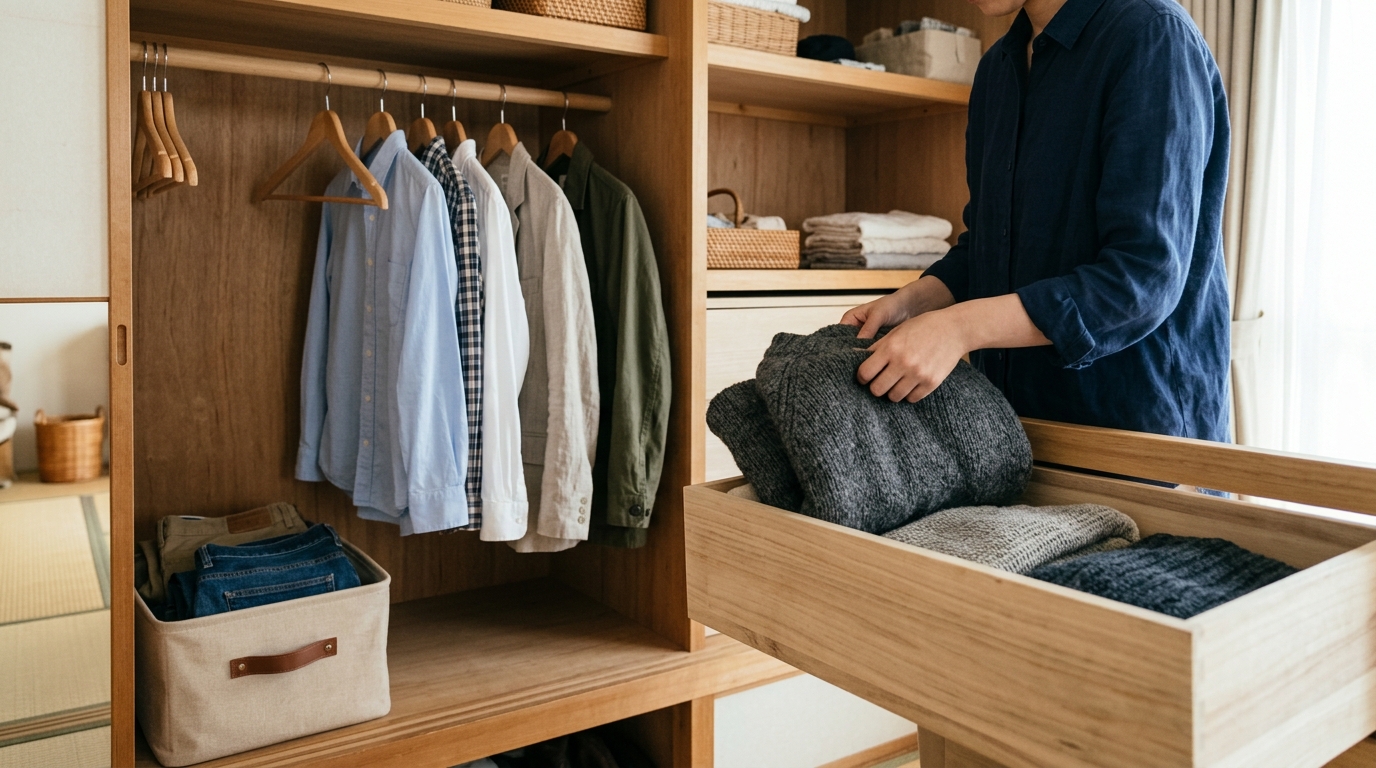 たたむ服とハンガーに掛ける服を素材や形ごとに分類する様子