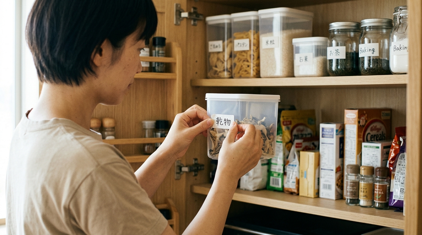 キッチンの収納棚で整理整頓をしている手元と収納ケース