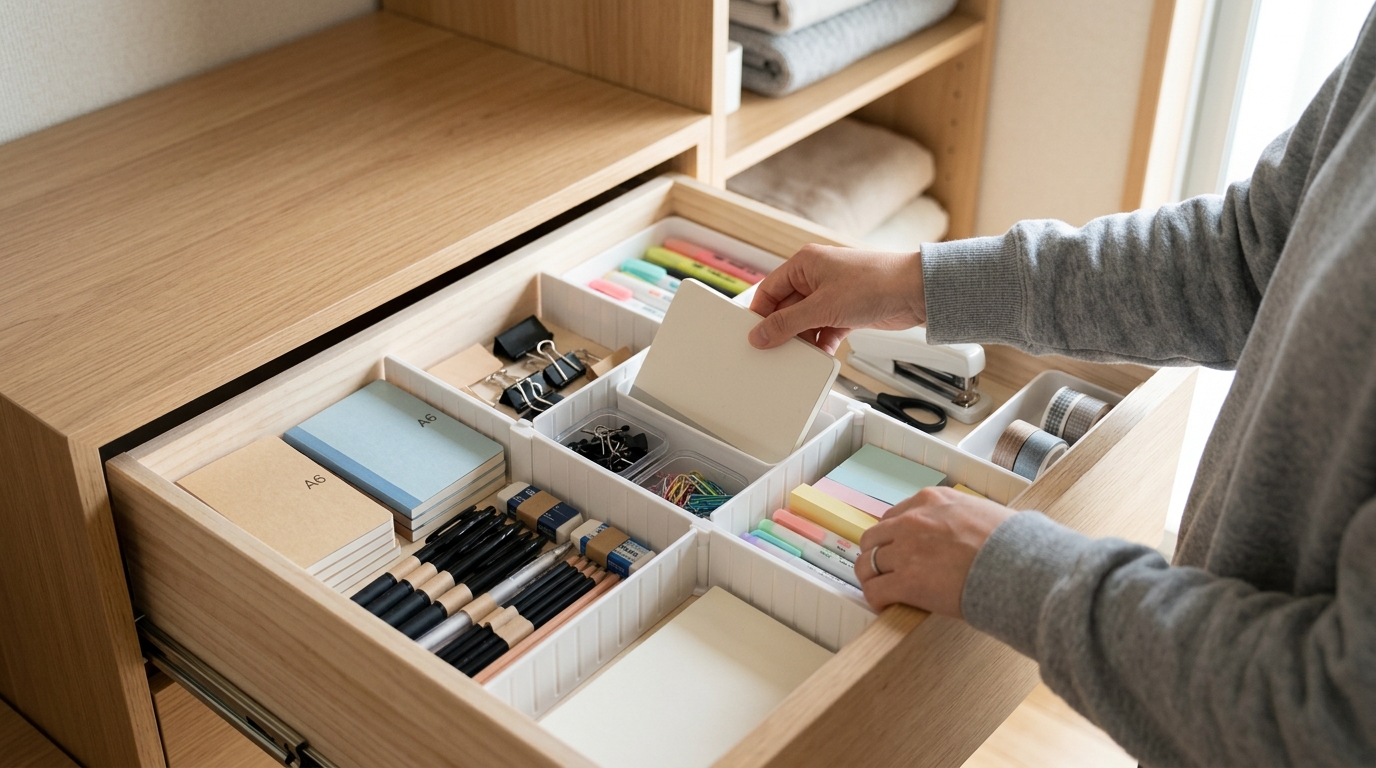 引き出しの中を仕切りで整理して使いやすく整えている様子