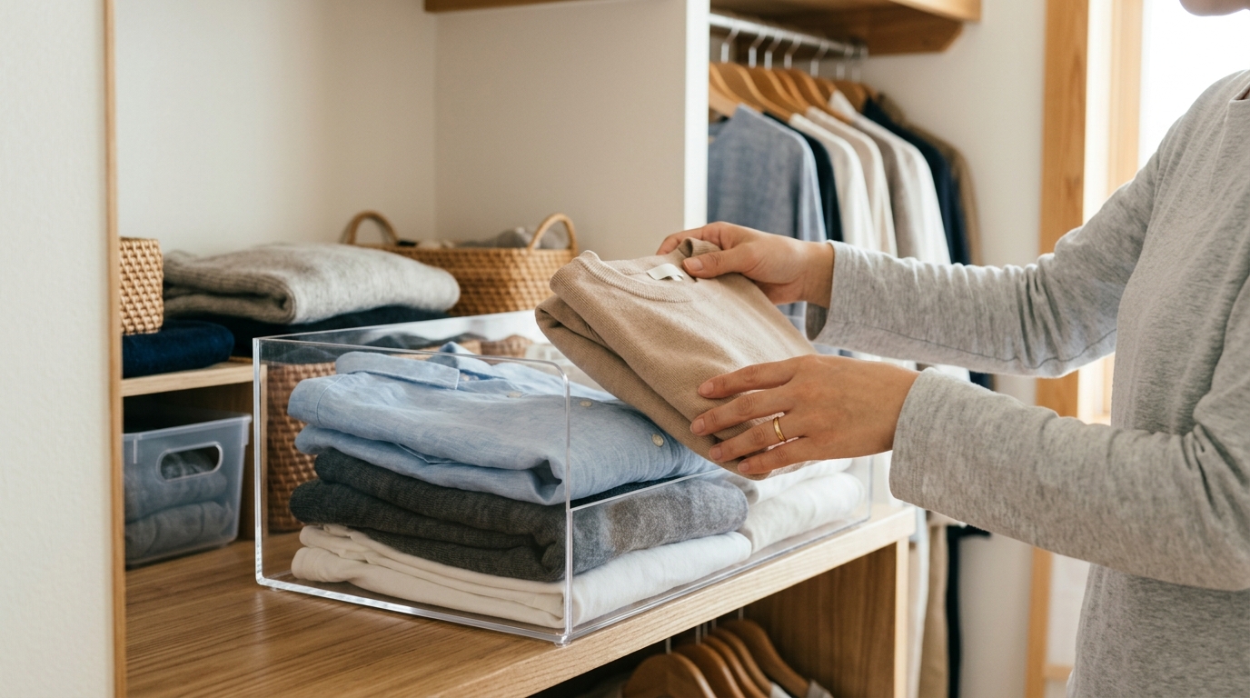 クローゼット内で収納ケースに服を整理整頓している様子