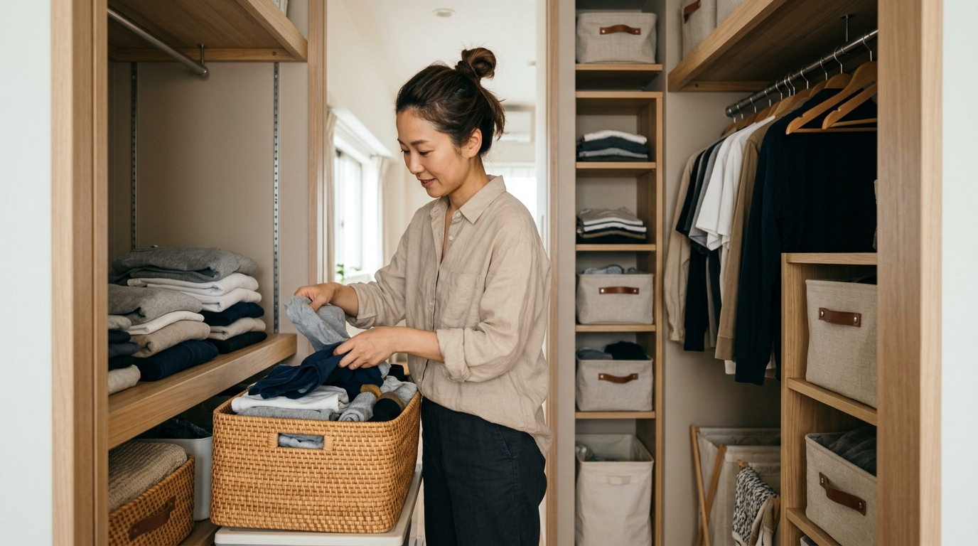 クローゼットの中で衣類をカゴに分類して整理している様子