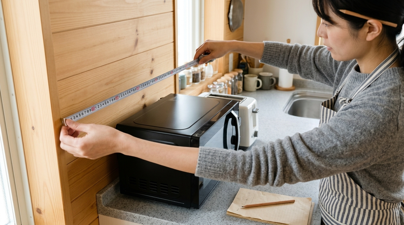 キッチンの壁面でメジャーを使って幅を測っている様子