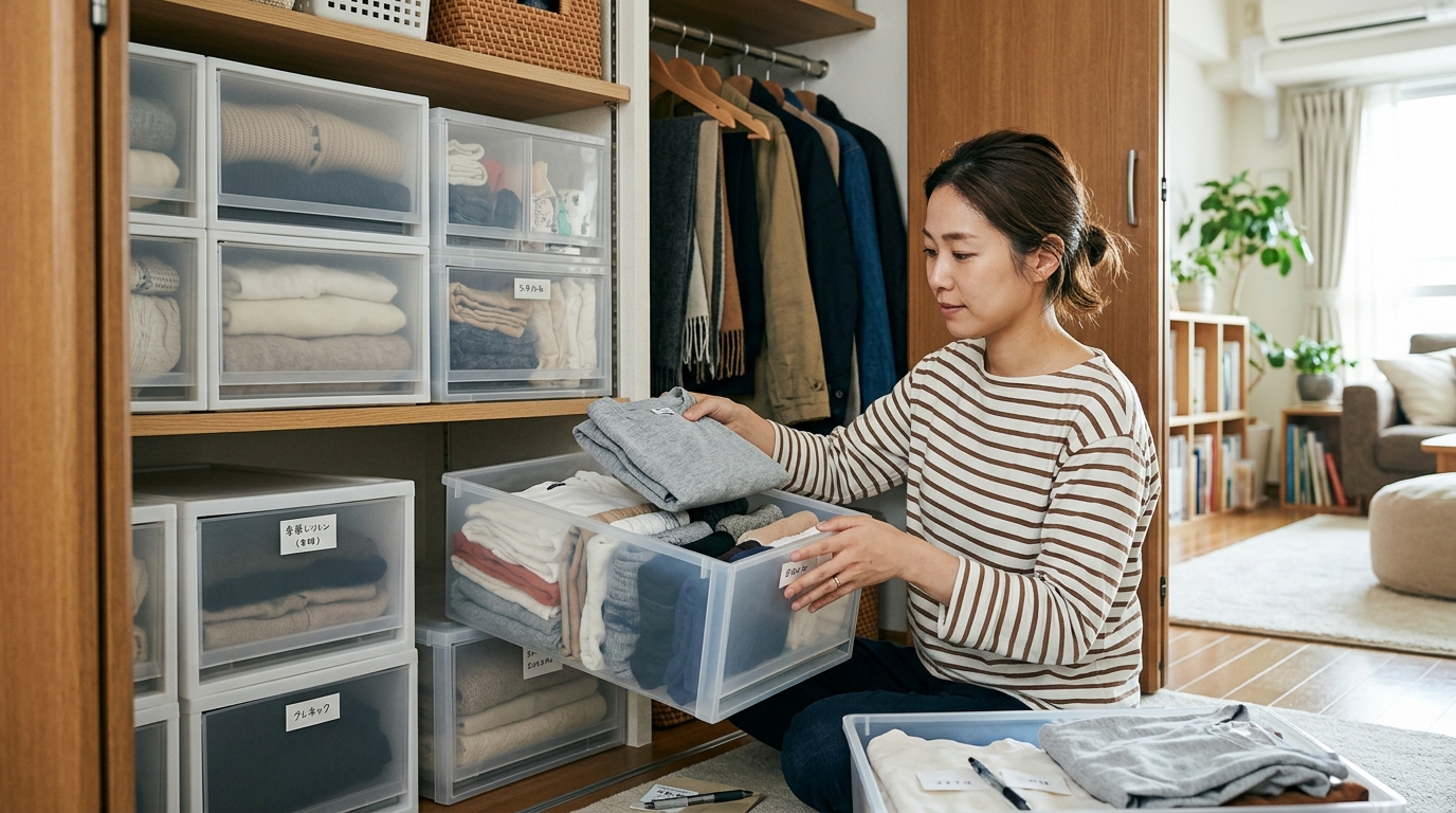 クローゼットの中で収納ケースを使って衣類を整理している様子