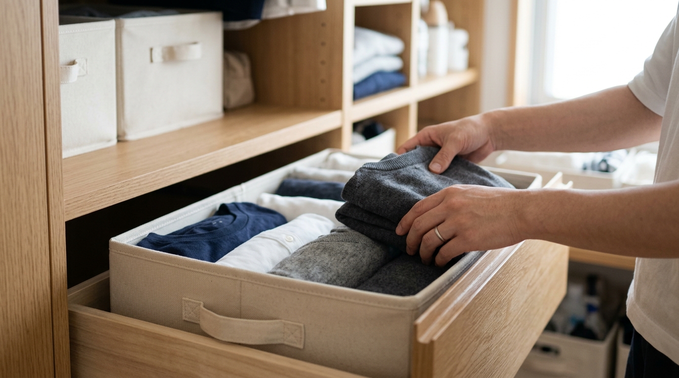 引き出しの中に衣類をきれいに畳んで収納している様子