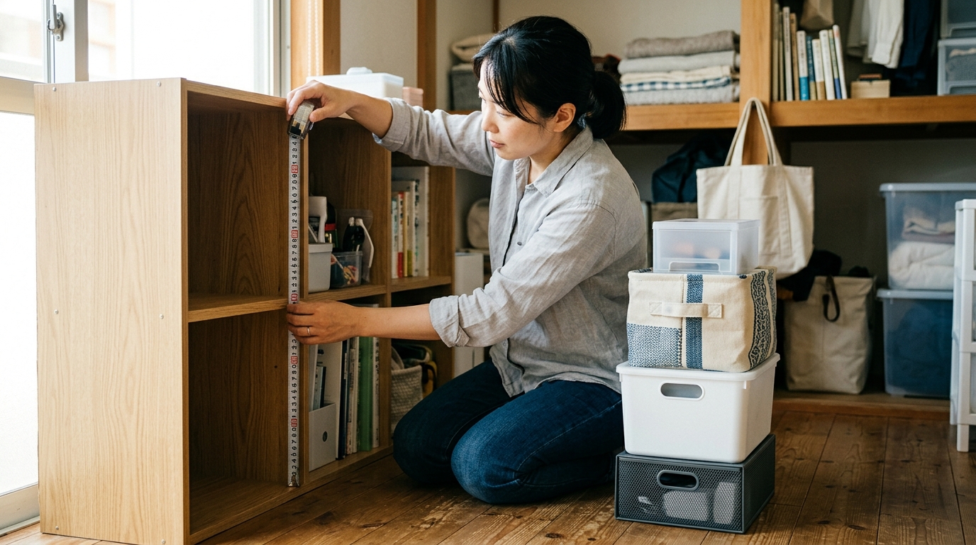 収納グッズを置く場所の幅と奥行きを測る様子