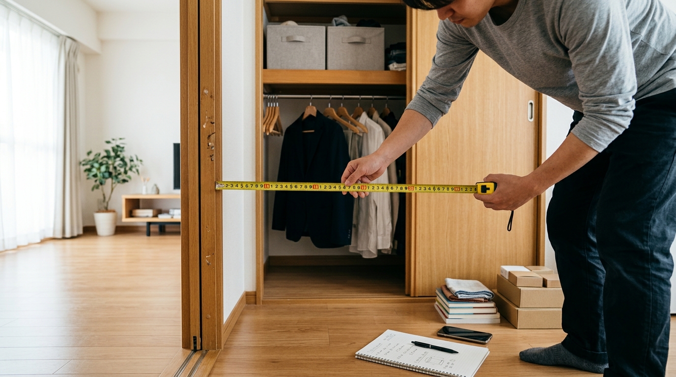 収納グッズを置く場所の幅と奥行きを測る様子