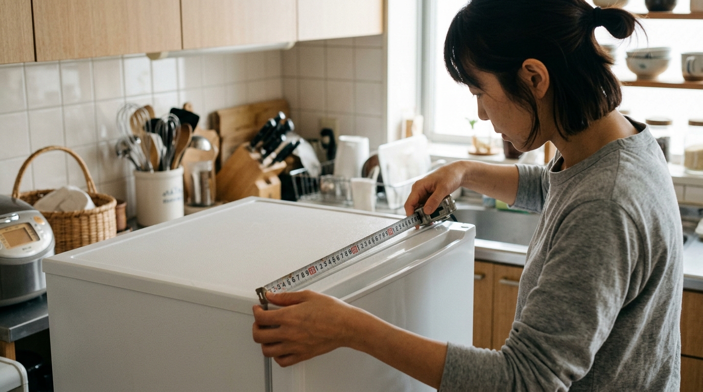 収納グッズを置く場所の幅と奥行きを測る様子
