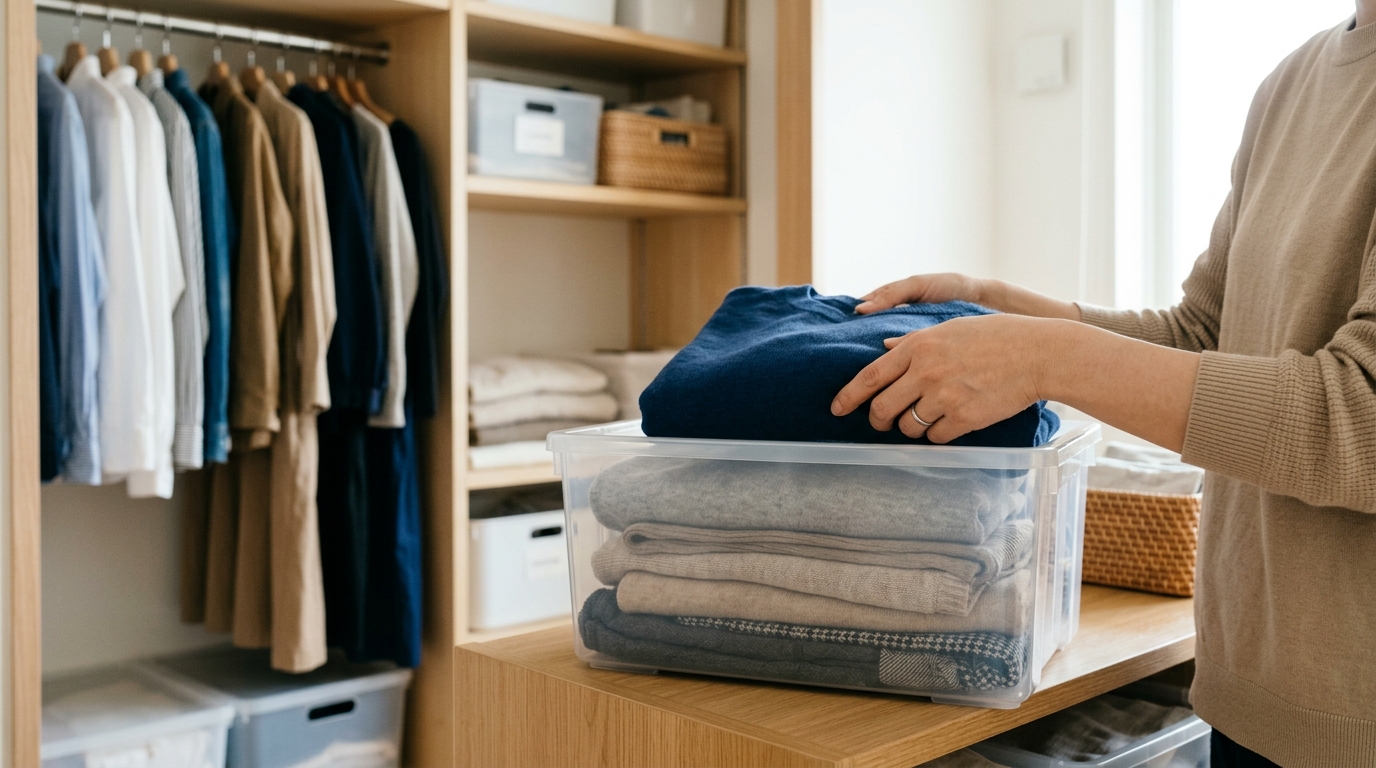 クローゼットで服を整理する様子
