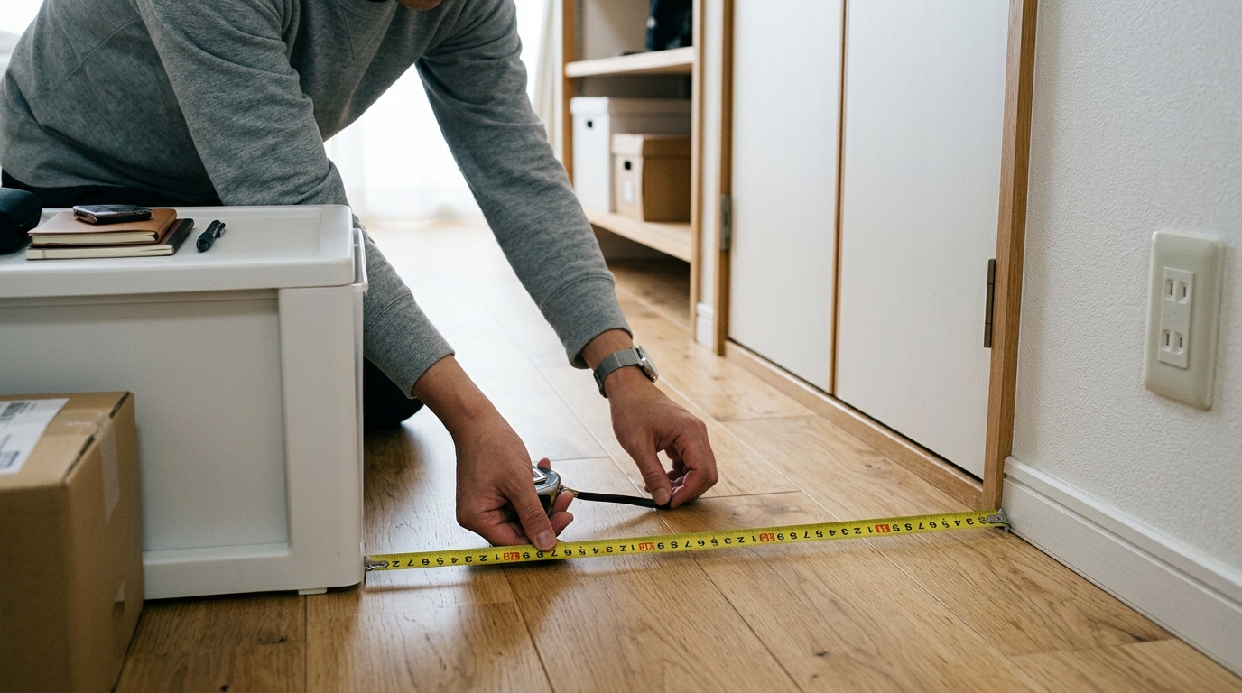 収納グッズを置く場所の幅と奥行きを測る様子