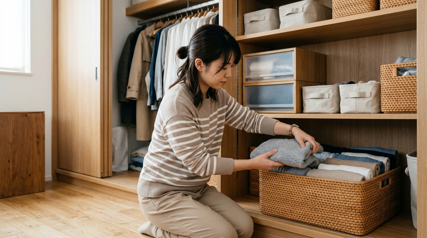 クローゼットの中を整理整頓し、衣類をバスケットに収納している様子