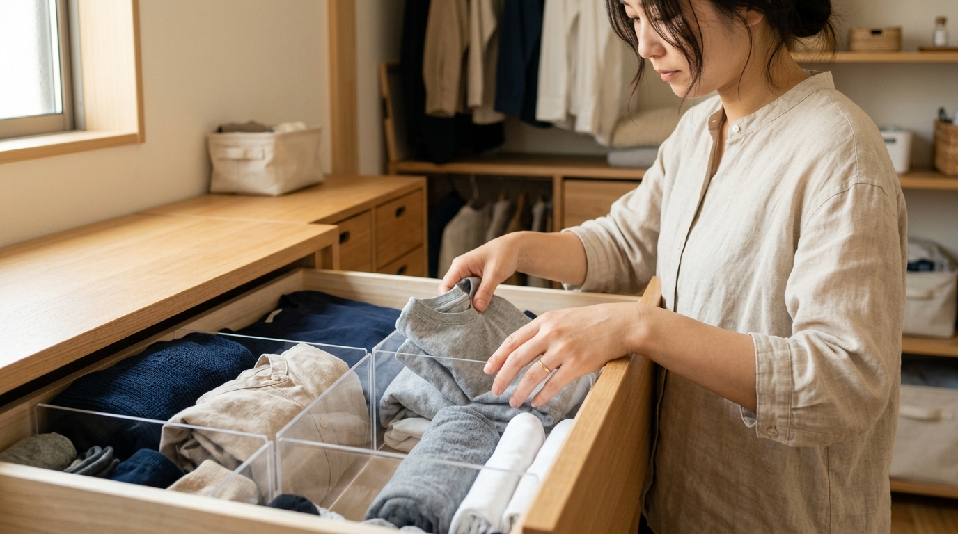 引き出しの中を整理整頓している様子