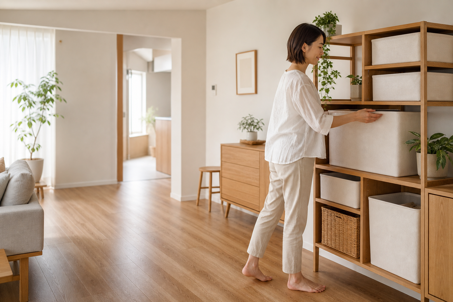 明るく片付いた部屋で収納棚を整える女性